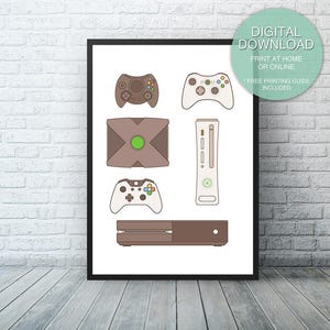 May include: A printable digital download of a retro gaming console and controller design. The design features a brown and green Xbox console, a brown and white Xbox 360 console, and two controllers in brown, white, and green.