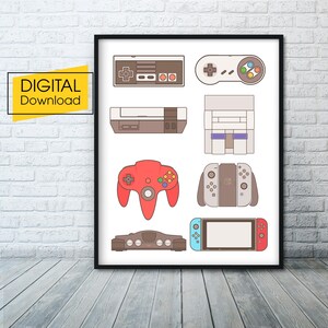 Puede incluir: Una descarga digital imprimible de un póster con una colección de consolas y mandos de videojuegos retro, incluyendo la Nintendo Entertainment System, la Super Nintendo Entertainment System, la Nintendo 64, la GameCube y la Nintendo Switch.
