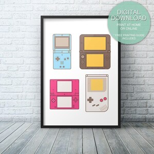 May include: A printable digital download of a poster featuring five different retro handheld gaming consoles. The consoles are outlined in black and filled with various colors, including pink, blue, and brown. The poster is perfect for a gamer's room or a retro-themed space.
