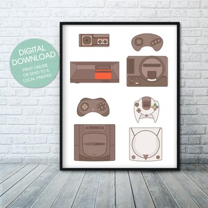 May include: A printable poster featuring a collection of retro video game consoles and controllers. The consoles are depicted in a brown and grey colour scheme, with a white background. The consoles include the Atari 2600, Nintendo Entertainment System, Sega Genesis, Super Nintendo Entertainment System, Nintendo 64, Sega Dreamcast, and PlayStation.
