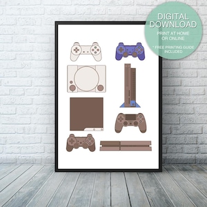 May include: A printable digital download of a poster featuring a collection of retro video game consoles and controllers. The consoles are in shades of brown and white, while the controllers are in shades of blue and brown. The text "DIGITAL DOWNLOAD" is at the top of the poster, and the text "PRINT AT HOME OR ONLINE" is below the image. The text "FREE PRINTING GUIDE INCLUDED" is at the bottom of the poster.