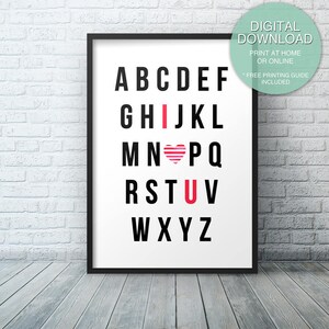 Anniversary Gift, I Love You Alphabet, Printable Wall Art, Unique gift, Gift for Her, Gift For Him, Alphabet,I Love You, Alphabet Print