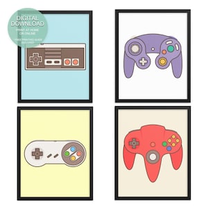 May include: Set of four printable posters featuring retro video game controllers. The posters are framed in black and feature a light blue, yellow, white, and beige background. The controllers are in various colours, including purple, red, and grey.