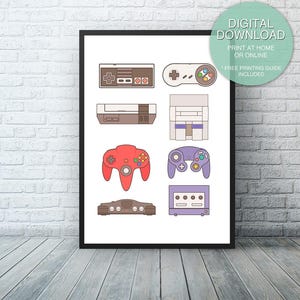 May include: A digital download print of a white background with illustrations of different video game consoles and controllers. The consoles are in various colors, including gray, brown, red, purple, and black. The controllers are in red, purple, and gray. The text "DIGITAL DOWNLOAD" is at the top of the image, and the text "PRINT AT HOME OR ONLINE" is below the illustrations. The text "FREE PRINTING GUIDE INCLUDED" is at the bottom of the image.