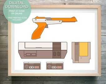 Könnte beinhalten: Ein digitaler Download-Druck einer Retro-Videospielkonsole, eines Controllers und einer Lichtpistole. Die Konsole ist braun und weiß mit einem gelben Kartenschlitz. Der Controller ist grau mit einer roten, weißen und blauen Tastenanordnung. Die Lichtpistole ist orange und weiß mit einem schwarzen Abzug.