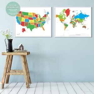 Colorful World & USA Map Poster Set – Instant Download for Kids Room Decor and Charming Wall Art (SET of TWO Prints)