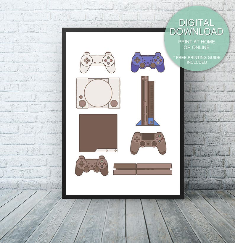 Game Room Wall Decor Sony Ps4 Print Playstation Art Printable Controllers Man Cave