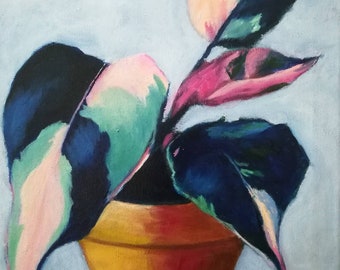 Plante en pot peinture sur toile, un petit art original à l'huile, Philodendron rose