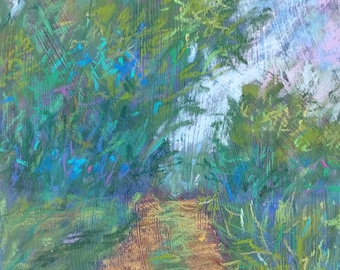Soft Pastel Landscape Painting – Colorful Forest Path Artwork – 25x17 cm Original Impressionist Nature Art – Unframed Wall Decor