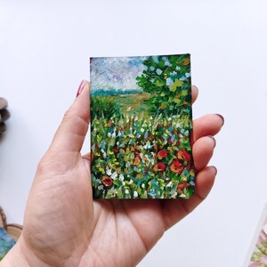 Mini campo de papoulas pintado à mão, arte em óleo sobre papelão - peça colecionável ACEO