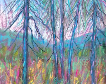 Scena di foresta in colori pastello - Opera d'arte colorata dipinta a mano