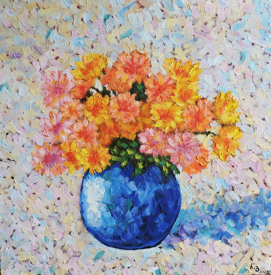 Oil Still Life Artwork Flowers in Blue Vase - Etsy