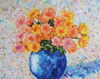 Oil still life artwork flowers in blue vase