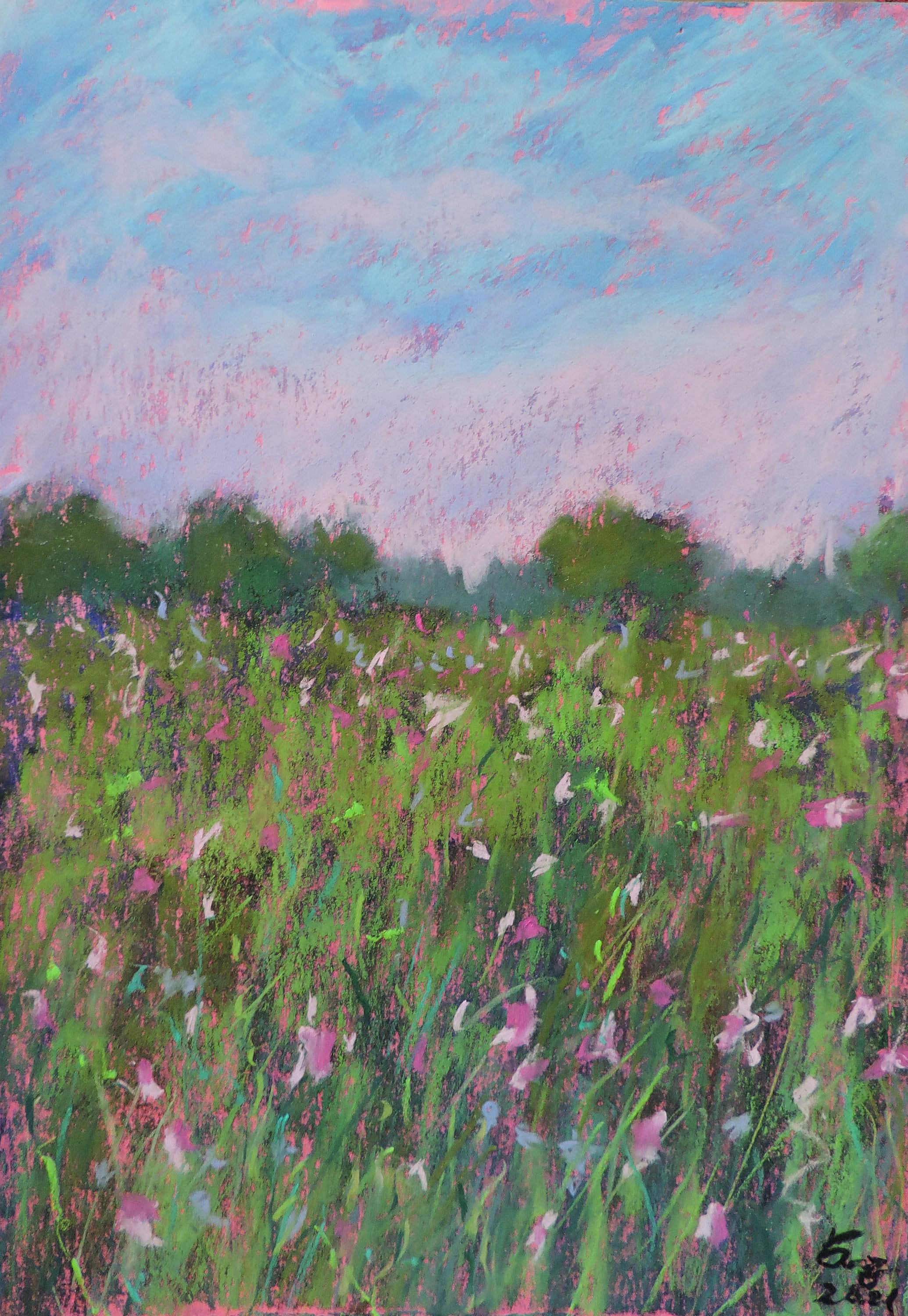Soft Pastel Art Landscape.flower Field Painting .soft Pastel Landscape