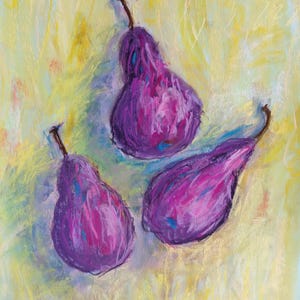 Dipinto originale di pere a pastello morbido - Natura morta vibrante su carta, decorazione da parete colorata per la cucina, opera d'arte di frutta senza cornice