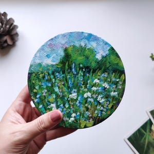 Miniature Round Oil Painting: Wildflower Meadow Landscape, 12x12 cm