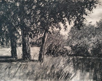 Handmade Charcoal Landscape Drawing | Minimalist Black & White Art