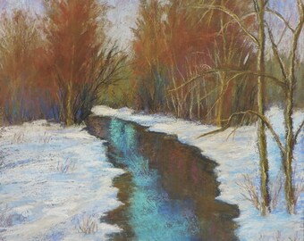 Original pastel winter river landscape painting