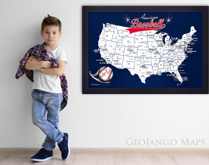 Baseball Map,  NY Yankees, MLB Poster or Framed Pin Map, Baseball Stadiums Map, MLB Stadium Print, Baseball Poster, Gift for Him, Man Cave