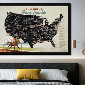 May include: A black and white map of the United States showing the location of horse racing tracks. The map is titled "USA Equestrian Race Tracks". A horse and jockey are shown racing on a track in the bottom left corner of the map.
