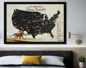 Horse Gifts,  Racing Map, Gift for Horse Lover, Equestrian Gift, USA Horse Map, Rolled Horse Print or Framed Push Pin Map