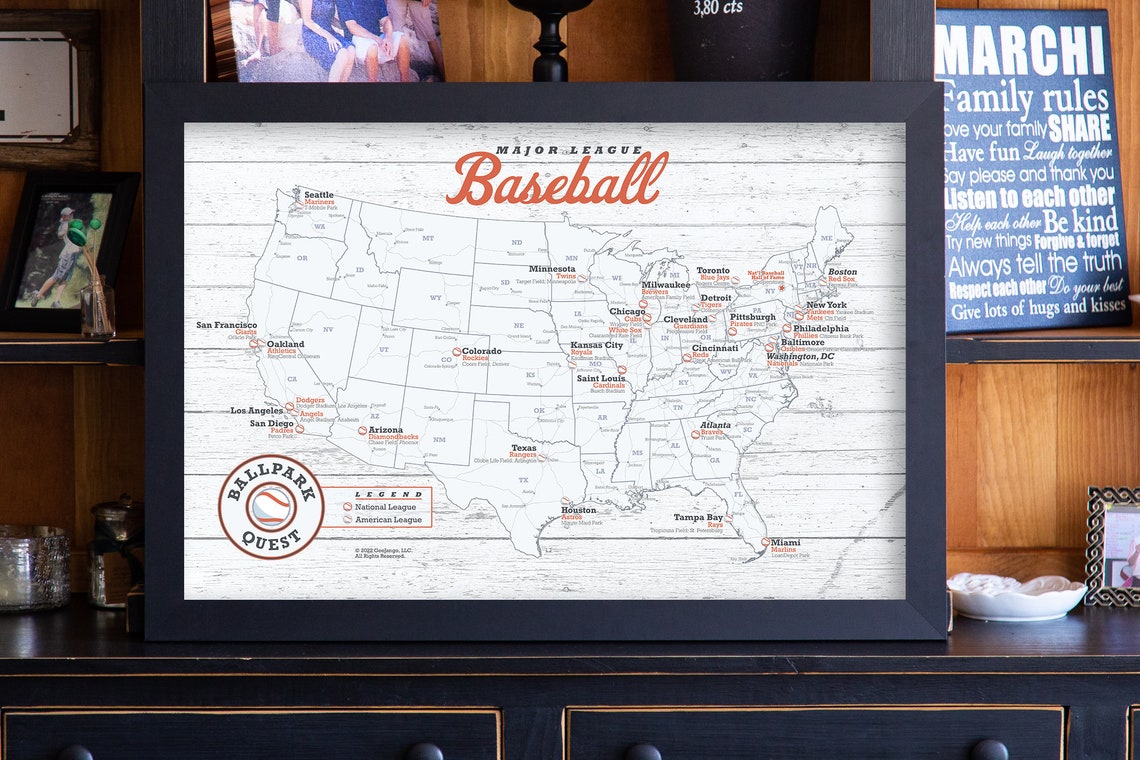Baseball Map of Stadiums Travel Map - MLB Locations - Framed USA Push ...