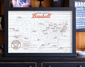 Baseball Map of Stadiums Travel Map - MLB Locations - Framed USA Push Pin Map with Pins or Baseball Print
