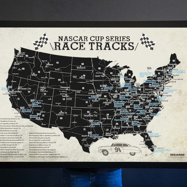 NASCAR Race Tracks Map - NASAR Gift - Vinitage Raceway Fan Vintage Edition - Framed Push Pin Map or Rolled Print