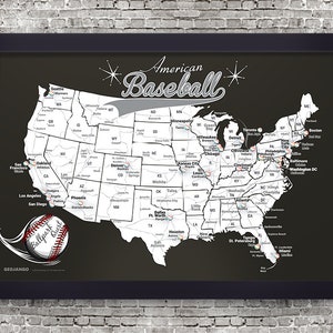 May include: A black and white map of the United States with the text "American Baseball" at the top. The map shows the locations of all Major League Baseball teams. A baseball with the text "Ballpark Quest" is in the bottom left corner.