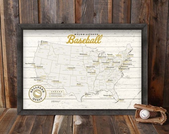 Baseball Team Gift - MLB Bucket List Tracker - Light Wood Effect - Framed USA Push Pin Map with Pins or Baseball Map Print