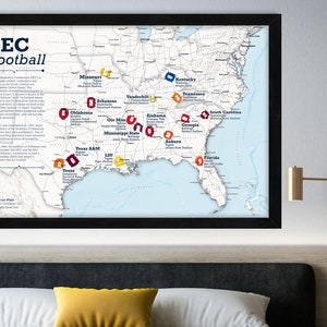 SEC Football Stadium Map: NCAA Football Poster or Framed and Mounted Push Pin Map, College Sports Map, FBS College Football Map