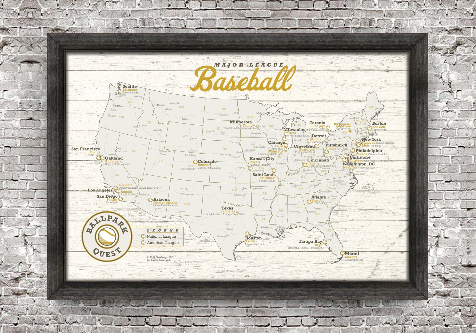 USA メジャーリーグベースボール 【TEAM PINS MAP】 MLB Map - Ballparks and Teams - Baseball Stadium Wall Art