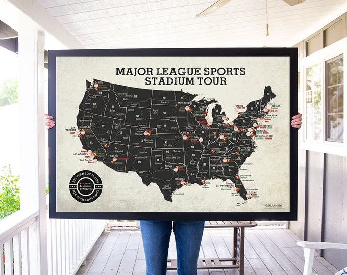 Football and Baseball Stadium Tour Map: Poster or Framed Push Pin Map | Vintage | Sports Decor | Baseball Stadium Map - Football Stadium Map