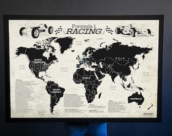 Formula 1 - Grand Prix - Race Tracks Around the World Map - Vintage Edition - Pin Map or Map Poster