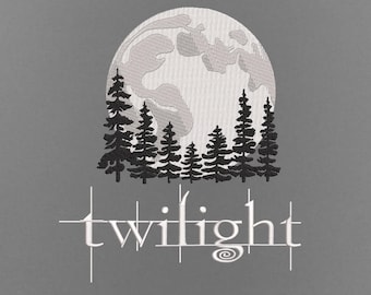 Diseño de bordado de luna creciente y cielo crepuscular, escena nocturna, 3 tamaños, descarga inmediata
