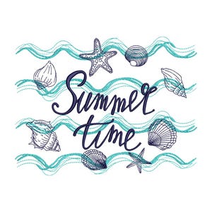 May include: A white background with teal wavy lines and various seashells and starfish. The words "Summer Time" are written in a dark blue cursive font. The design evokes a beach or ocean theme.