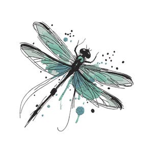 Peut inclure: Illustration d'une libellule noire et turquoise avec des accents d'aquarelle. La libellule a des ailes détaillées et un corps fin. Des éclaboussures de peinture turquoise et des points noirs entourent la libellule sur fond blanc.