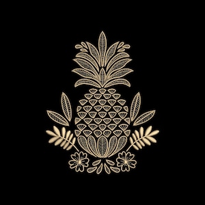 May include: A gold-colored pineapple design with detailed leaves and floral accents on a black background. The pineapple is the central focus, surrounded by symmetrical botanical elements. The design is likely for decorative purposes.