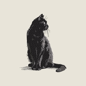 Puede incluir: Un diseño bordado de un gato negro sentado de perfil, mirando hacia la derecha. El gato presenta un detallado bordado en negro con sutiles reflejos grises para definir la textura del pelaje, largos bigotes y orejas puntiagudas sobre un fondo claro.
