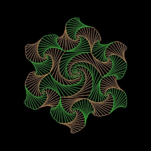 May include: A geometric pattern featuring a series of interconnected spirals created with thin, straight lines in alternating shades of bright green and soft orange, arranged in a symmetrical, flower-like formation against a solid black background.