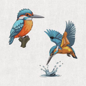 May include: Embroidered image of two kingfisher birds. One is perched on a branch, the other diving into water, creating a splash. The birds have blue, orange, and white plumage, with detailed feather patterns. A nature-themed design.