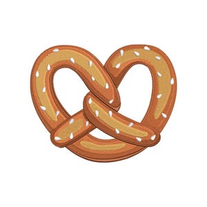 May include: A detailed illustration of a pretzel, featuring a brown exterior with a lighter, textured interior. White, seed-like accents are evenly spaced along the pretzel's curves. The pretzel is depicted against a clean white background, highlighting its shape and design.