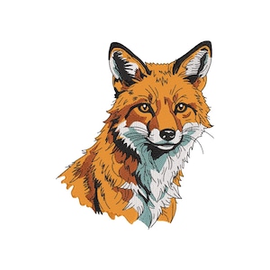 May include: An embroidered patch featuring a detailed fox head and neck. The fox has vibrant orange fur with black accents on the ears and face, and white fur on the chest and muzzle. The design uses intricate stitching to define the facial features.