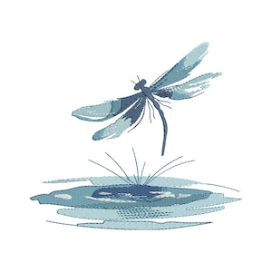 May include: An embroidered design featuring a dragonfly in flight above a stylized water scene. The dragonfly is rendered in shades of blue, with detailed wing patterns. The water is depicted with layered, textured lines in varying shades of blue.