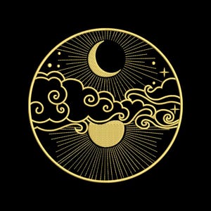 May include: A gold embroidered design on a black background. The design features a crescent moon, sun, clouds, stars, and radiating lines, all within a circular frame. The celestial theme is prominent.