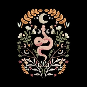 May include: Embroidered design featuring a pink snake, crescent moons, stars, and floral elements on a black background. The design includes white flowers, green leaves, and gold-colored accents, creating a celestial and botanical theme.