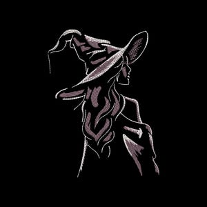 Könnte beinhalten: Ein gesticktes Design auf schwarzem Hintergrund, das das Profil einer Figur mit einem breitkrempigen Spitzhut zeigt. Das Motiv ist mit hellem Garn gearbeitet, wobei sichtbare Stickmuster die Form der Haare und des Hutes definieren.