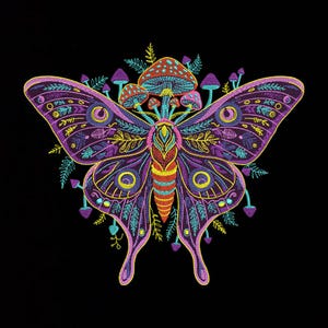 May include: A vibrant, embroidered butterfly design with intricate details. The butterfly features purple, teal, yellow, and orange hues, with a cluster of mushrooms atop its head. The background is solid black, highlighting the colorful insect.