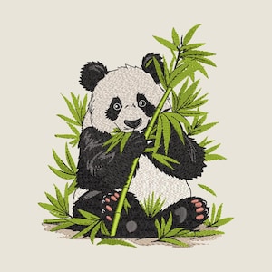May include: Embroidered image of a panda bear eating bamboo. The panda is black and white with green bamboo leaves and stalks. The panda's paws are pink. The background is a light beige colour.