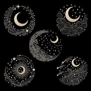 May include: A set of five circular illustrations on a black background featuring gold-toned line art of crescent moons, swirling clouds, and various star patterns. Each design incorporates celestial elements, including shooting stars and orbital rings.